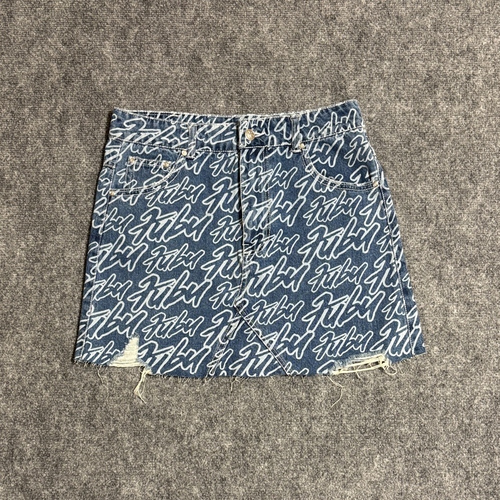 Y2K FUBU Denim Mini Skirt w/ Logo Print & Frayed Hem